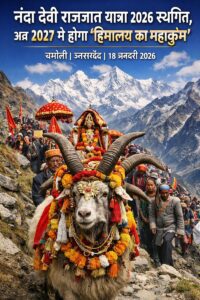 नंदा देवी राजजात यात्रा के दौरान चौसिंगा खाडू के साथ हिमालयी मार्ग पर चलते श्रद्धालु, यात्रा 2026 स्थगित