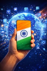 एक हाथ में स्मार्टफोन पकड़ा गया है जिस पर भारतीय झंडे के रंग और अशोक चक्र दिखाई दे रहे हैं, पीछे डिजिटल ग्लोब और तकनीकी आइकन दिख रहे हैं, भारत के नए मोबाइल ब्रांड और वैश्विक तकनीकी प्रगति का प्रतीक