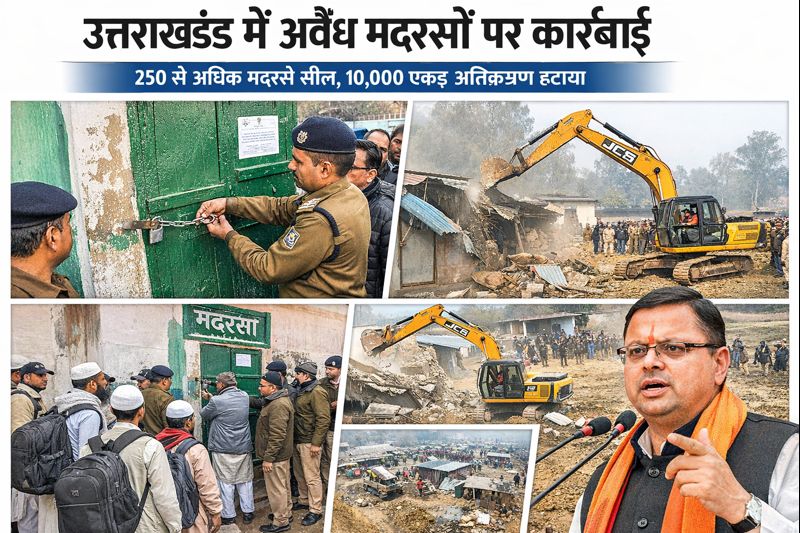 उत्तराखंड में प्रशासनिक टीम अवैध मदरसों को सील कर रही है, जमीन पर अतिक्रमण हटाया जा रहा है, और मुख्यमंत्री पुष्कर सिंह धामी जनता को संबोधित कर रहे हैं।