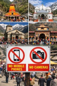 चार धाम मंदिरों (यमुनोत्री, गंगोत्री, केदारनाथ, बदरीनाथ) का दृश्य, श्रद्धालु मंदिर परिसर में, मोबाइल और कैमरा प्रतिबंध का संकेत।