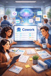 एक ऑफिस में लोग Anthropic के AI टूल Cowork का इस्तेमाल कर रहे हैं, स्क्रीन पर Cowork का लोगो और फाइल मैनेजमेंट वर्कफ़्लो दिखाई दे रहा है, कर्मचारी कंप्यूटर और टैबलेट पर काम कर रहे हैं, डिजिटल ऑफिस वातावरण, सकारात्मक और सहज माहौल