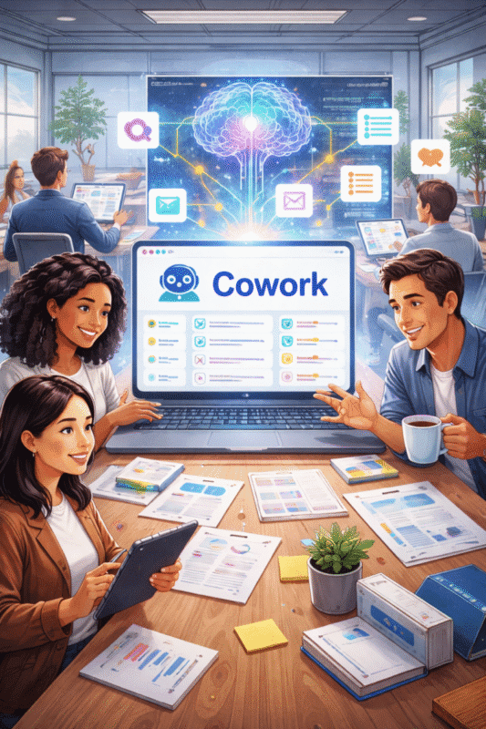 एक ऑफिस में लोग Anthropic के AI टूल Cowork का इस्तेमाल कर रहे हैं, स्क्रीन पर Cowork का लोगो और फाइल मैनेजमेंट वर्कफ़्लो दिखाई दे रहा है, कर्मचारी कंप्यूटर और टैबलेट पर काम कर रहे हैं, डिजिटल ऑफिस वातावरण, सकारात्मक और सहज माहौल