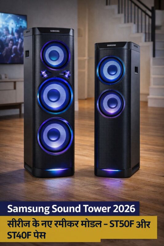 Samsung Sound Tower 2026 सीरीज के ST50F और ST40F स्पीकर, घर के लिविंग रूम में LED लाइटिंग के साथ, बेहतर बास और कनेक्टिविटी के लिए