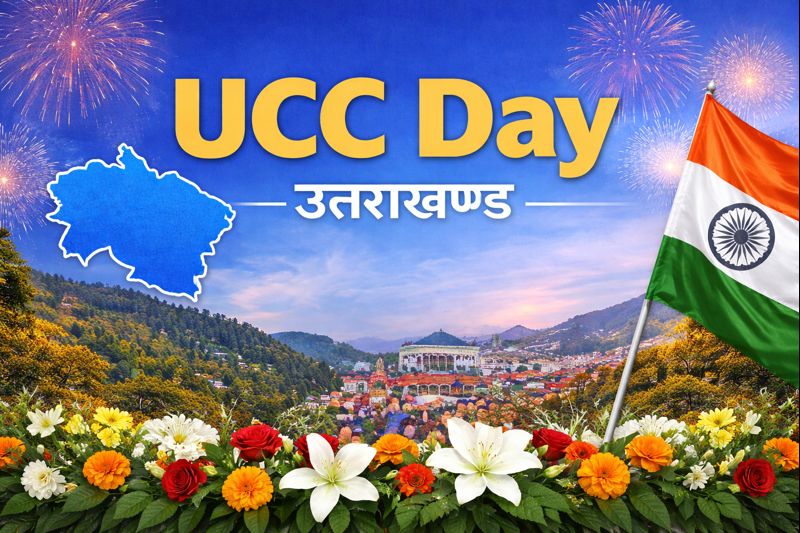 उत्तराखण्ड में UCC के लागू होने का पहला वर्ष पूरा होने पर मनाया गया UCC दिवस, मसूरी का दृश्य, 'UCC Day' बैनर और भारतीय झंडा, राज्य सरकार और जनता के कार्यक्रम को दर्शाता हुआ