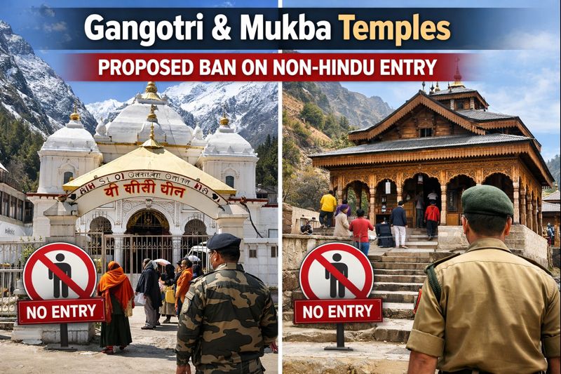गंगोत्री और मुखबा मंदिर में गैर‑हिंदुओं के प्रवेश पर प्रस्तावित प्रतिबंध, मंदिर के प्रवेश पर सुरक्षा बल और 'NO ENTRY' बोर्ड दिख रहा है।