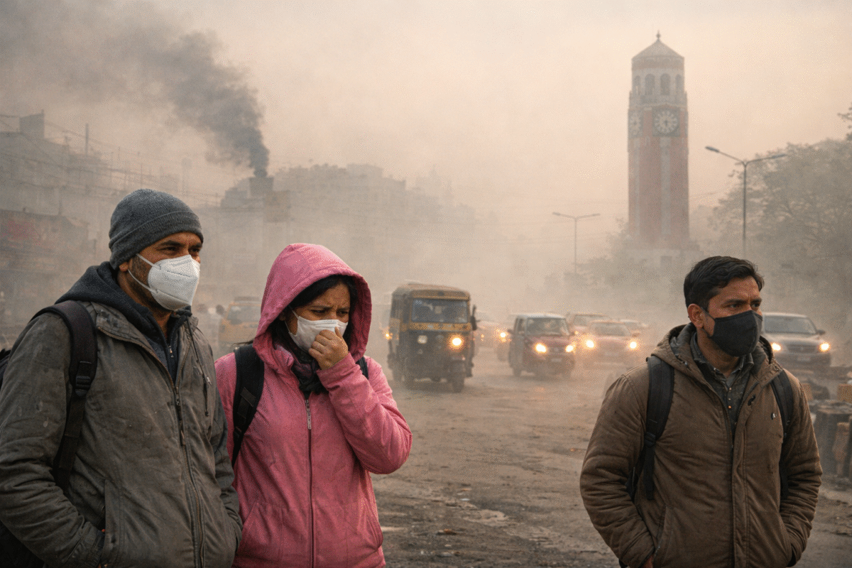 देहरादून की सड़कें घने स्मॉग और प्रदूषण से ढकी हुई हैं, वयस्क लोग मास्क पहनकर धुंध में चल रहे हैं, पीछे क्लॉक टावर और वाहन दिख रहे हैं।