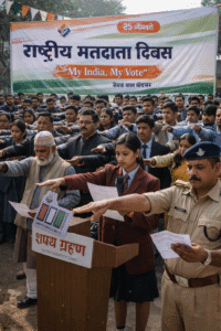 उत्तराखंड में राष्ट्रीय मतदाता दिवस समारोह का दृश्य, लोग शपथ ले रहे हैं, ‘My India, My Vote’ बैनर के सामने खड़े नागरिक, स्कूल और कॉलेज के छात्र, अधिकारी और पुलिस कर्मचारी शामिल, लोकतंत्र और मतदान जागरूकता दिखाते हुए