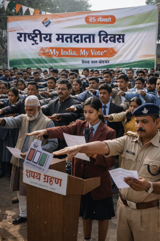 उत्तराखंड में राष्ट्रीय मतदाता दिवस समारोह का दृश्य, लोग शपथ ले रहे हैं, ‘My India, My Vote’ बैनर के सामने खड़े नागरिक, स्कूल और कॉलेज के छात्र, अधिकारी और पुलिस कर्मचारी शामिल, लोकतंत्र और मतदान जागरूकता दिखाते हुए