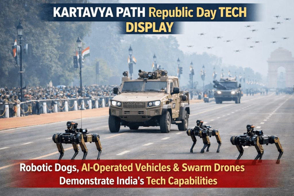 कर्तव्य पथ पर गणतंत्र दिवस पर रोबोटिक डॉग्स, AI-ऑपरेटेड सैन्य वाहन और स्वार्म ड्रोन्स का प्रदर्शन करते भारतीय सशस्त्र बल।