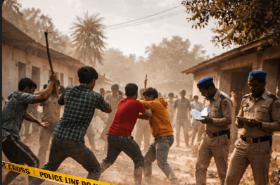 रूड़की गाँव में बच्चों के PUBG खेलने को लेकर सांकेतिक विवाद, दो ग्रुप आपस में बहस कर रहे हैं, पुलिस देख रही है, हिंसा का हल्का संकेत, कोई वास्तविक चोट नहीं