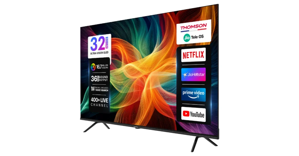 Thomson 32‑inch QLED स्मार्ट टीवी JioTele OS के साथ, HD Ready डिस्प्ले और एप्स इंटरफेस दिखाते हुए