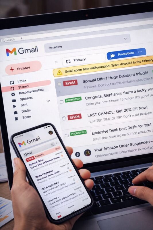 कंप्यूटर स्क्रीन पर Gmail इनबॉक्स दिखाई दे रहा है, जिसमें स्पैम फ़िल्टर गड़बड़ी के कारण प्रोत्साहन ईमेल मुख्य इनबॉक्स में दिखाई दे रहे हैं, डिजिटल कार्यालय और तकनीकी समस्या का प्रतीक