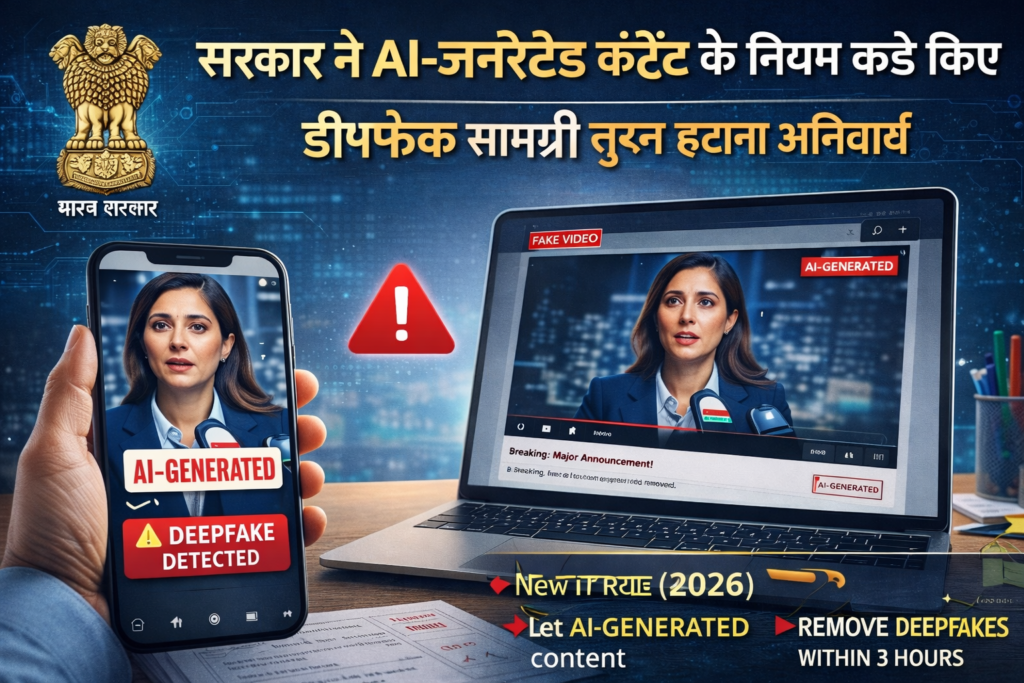 सरकार ने AI‑जनरेटेड कंटेंट के नियम कड़े किए, डीपफेक सामग्री तुरंत हटाना अनिवार्य
