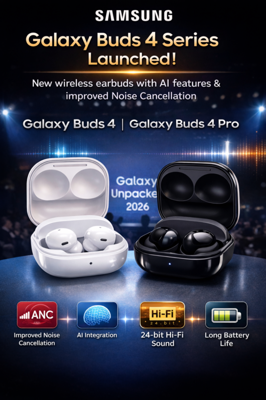 Samsung Galaxy Buds 4 Series लॉन्च, AI फीचर्स और बेहतर Noise Cancellation के साथ नए वायरलेस ईयरबड्स पेश
