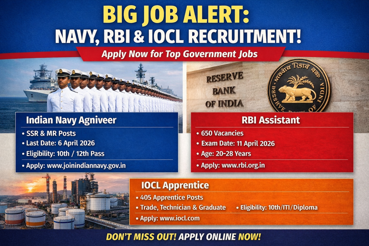 सरकारी नौकरी का बड़ा मौका: नेवी, RBI और IOCL में निकली भर्तियां, यहां से करें आवेदन