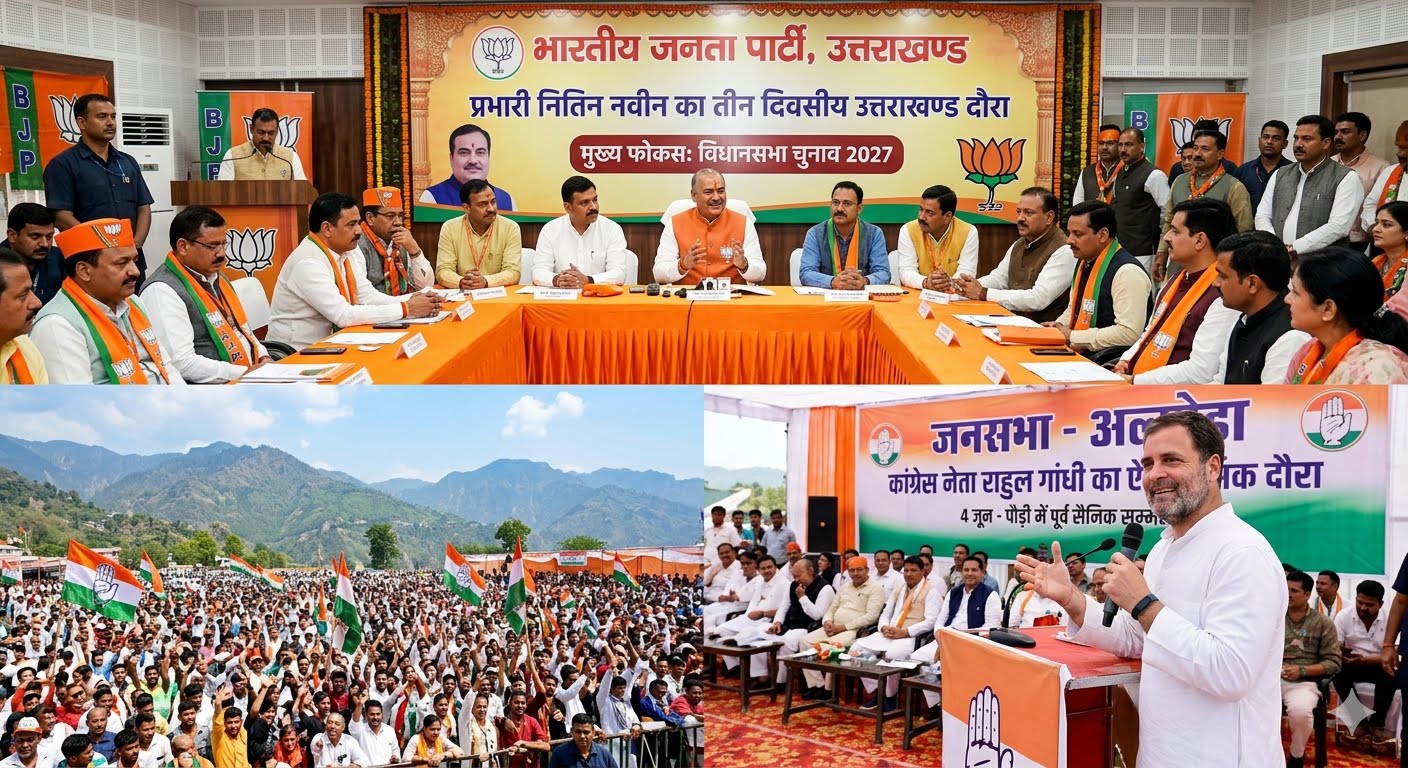 बीजेपी का दौरा: 28 मई से बीजेपी के उत्तराखंड प्रभारी नितिन नवीन का तीन दिवसीय उत्तराखंड दौरा शुरू हो रहा है, जिसका मुख्य फोकस 2027 के विधानसभा चुनावों पर रहेगा।राहुल गांधी का दौरा: कांग्रेस नेता राहुल गांधी 4 जून को अल्मोड़ा में जनसभा करेंगे और पौड़ी में पूर्व सैनिक सम्मेलन को संबोधित करेंगे।